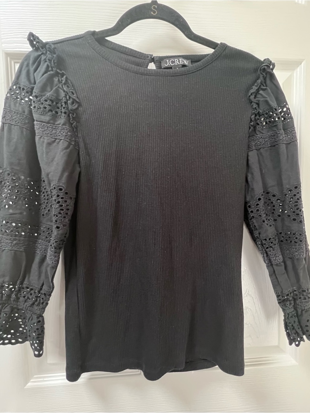 J. Crew Black Ribbed Knit Top with Eyelet Balloon Sleeves
